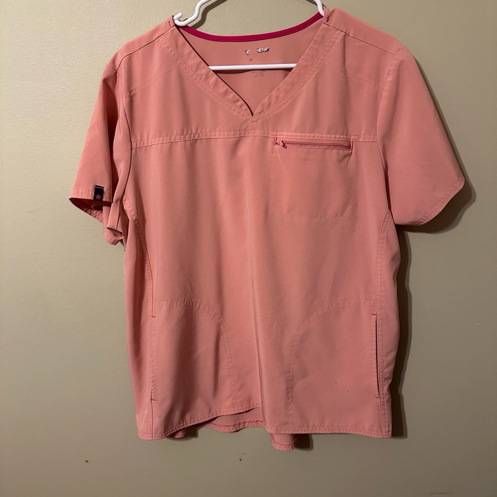 Scrubstar Peach V-Neck Top with Pink Trim, size XL, ink stains on the back
